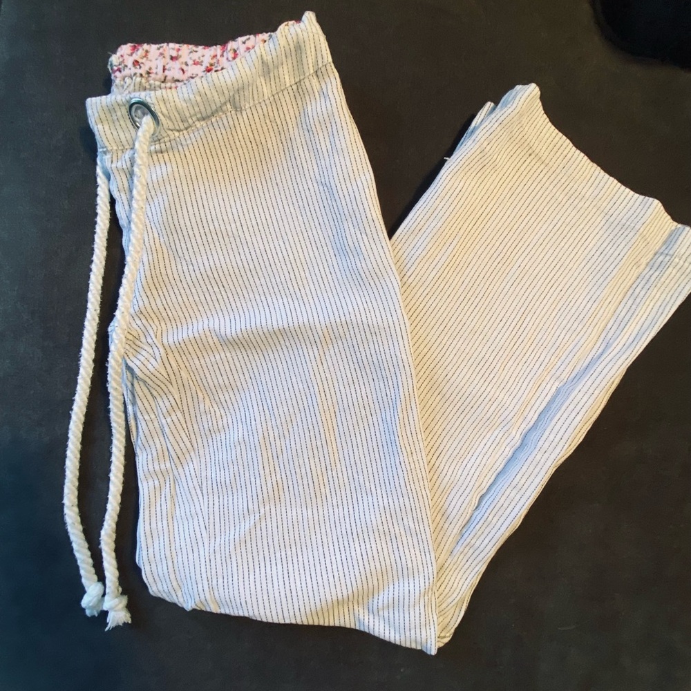 White & Black Linen Pinstripe Wide Leg Pants